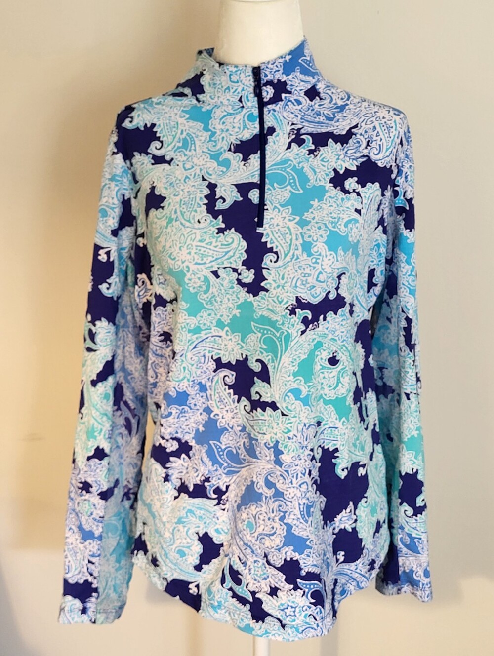IBKUL Paisley Mock-Neck Long Sleeve Top in Navy and Aqua